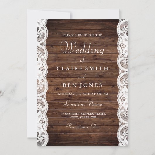 ウッド素朴ホワイトレース結婚式の招待 招待状 (正面)