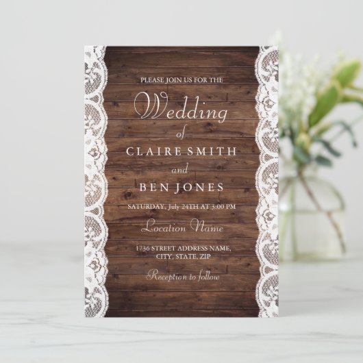 ウッド素朴ホワイトレース結婚式の招待 招待状 (スタンド正面)