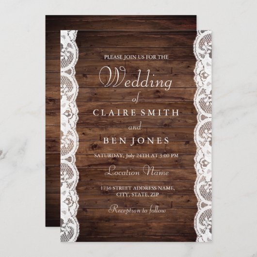 ウッド素朴ホワイトレース結婚式の招待 招待状 (正面/裏面)