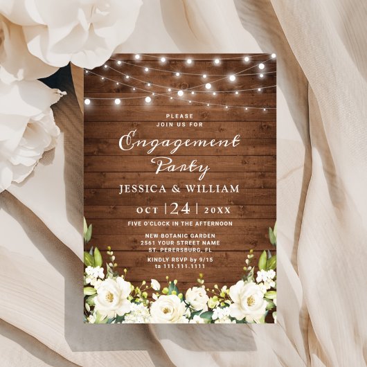 ウッド素朴ホワイトローズアジサイ婚約パーティ 招待状