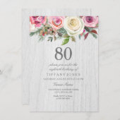 ウッド素朴ホワイトローズフローラ80th誕生日招待状 招待状 (正面/裏面)