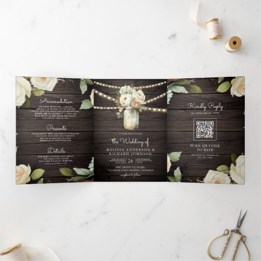 ウッド素朴ホワイトローゼズメイソンジャーQRコー結婚ド 三つ折り招待状 (内部)