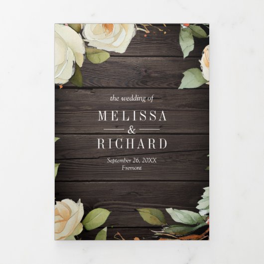 ウッド素朴ホワイトローゼズメイソンジャーQRコー結婚ド 三つ折り招待状 (カバー)