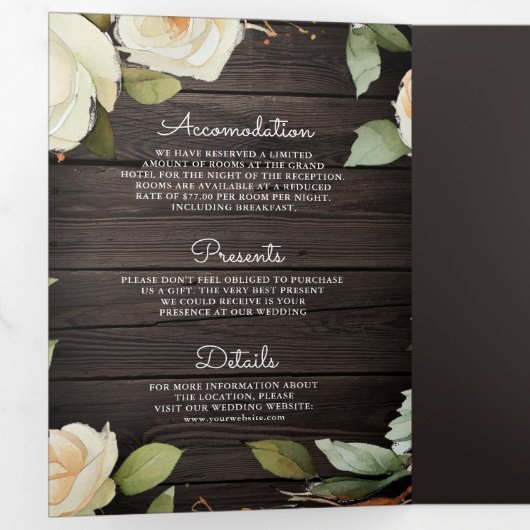 ウッド素朴ホワイトローゼズメイソンジャーQRコー結婚ド 三つ折り招待状 (内部最初)