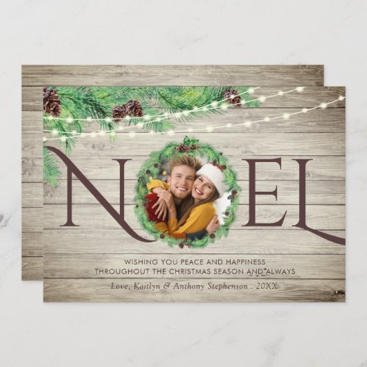 ウッド素朴ボタニカルパインリースNOEL 1写真 シーズンカード (正面/裏面)