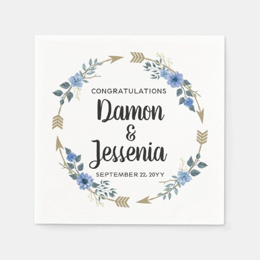 ウッド素朴ボホアローズ&ブルーフローラズ結婚ズ スタンダードカクテルナプキン (正面)