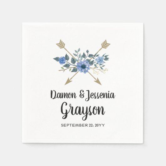 ウッド素朴ボホアローズ&ブルーフローラズ結婚ズ スタンダードカクテルナプキン (正面)