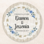 ウッド素朴ボホアローズ&ブルーフローラズ結婚ズ ラウンドペーパーコースター (正面)