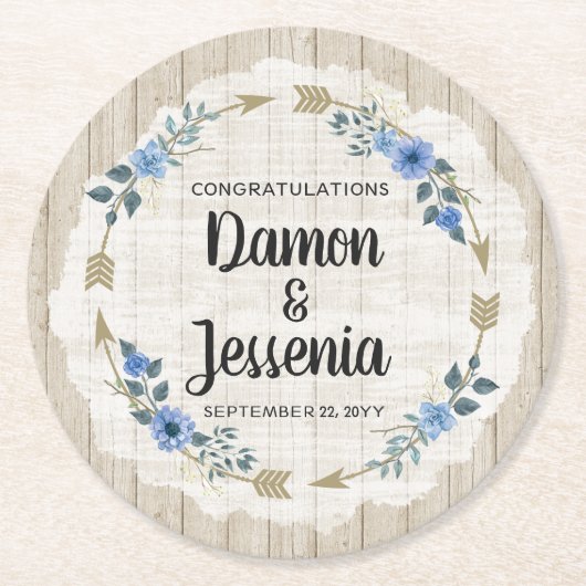 ウッド素朴ボホアローズ&ブルーフローラズ結婚ズ ラウンドペーパーコースター (正面)