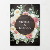 ウッド素朴ボホピンクローズフローラQRコード結婚ズ 三つ折り招待状 (カバー)