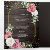 ウッド素朴ボホピンクローズフローラQRコード結婚ズ 三つ折り招待状 (内部最初)