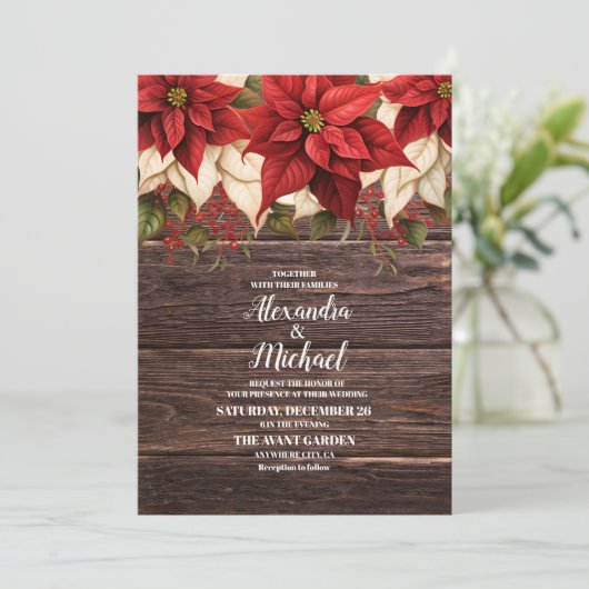 ウッド素朴ポインセチアフローラ結婚クリスマス 招待状 (スタンド正面)