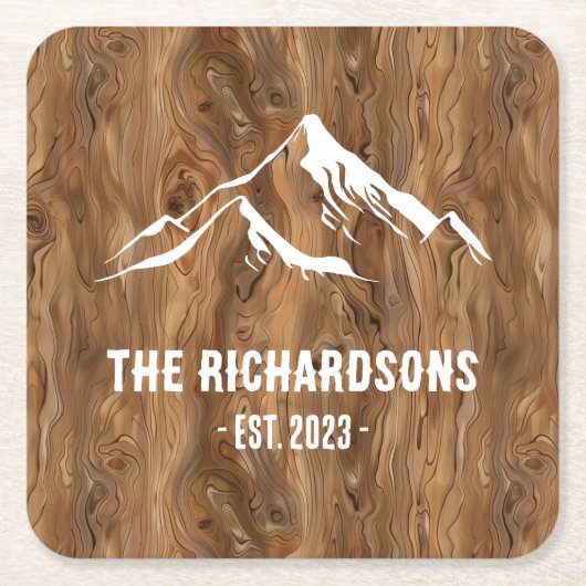 ウッド素朴マウンテンズパーソナライズされたファミリーレイクスキー スクエアペーパーコースター (正面)