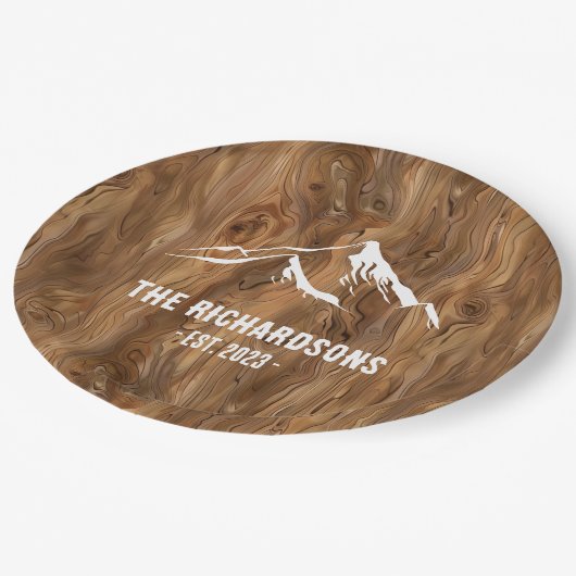 ウッド素朴マウンテンズパーソナライズされたファミリーレイクスキー ペーパープレート (アングル)