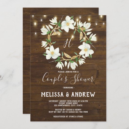 ウッド素朴マグノリア照明カップルのシャワー 招待状 (正面/裏面)