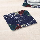 ウッド素朴マルサラ&ネイビーブルーの花 スクエアペーパーコースター (アングル)