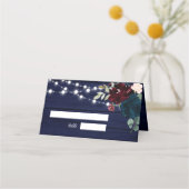 ウッド素朴マルサラ&ネイビーブルーの花 プレイスカード (正面)