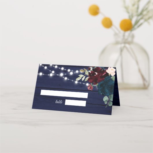 ウッド素朴マルサラ&ネイビーブルーの花 プレイスカード (正面)