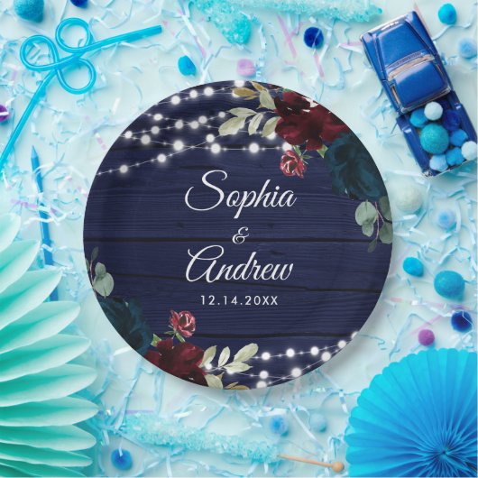 ウッド素朴マルサラ&ネイビーブルーの花 ペーパープレート (パーティー)