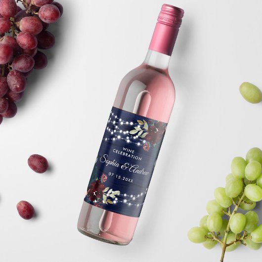 ウッド素朴マルサラ&ネイビーブルーの花 ワインラベル