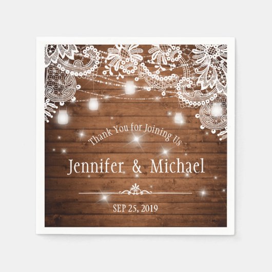 ウッド素朴メイスンジャールストリングライツレース結婚ズ スタンダードカクテルナプキン (正面)