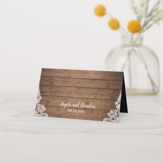 ウッド素朴メイスンジャールストリングライツレース結婚ズ プレイスカード (裏面)