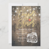 ウッド素朴メイスンジャー弦ライトカップルのシャワー 招待状 (正面)