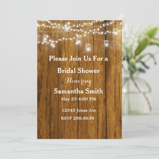 ウッド素朴メイソンジャーぶら下がったズライツブライダルシャワー 招待状 (スタンド正面)