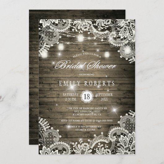 ウッド素朴メイソンジャースライツレースブライダルシャワー 招待状 (正面/裏面)