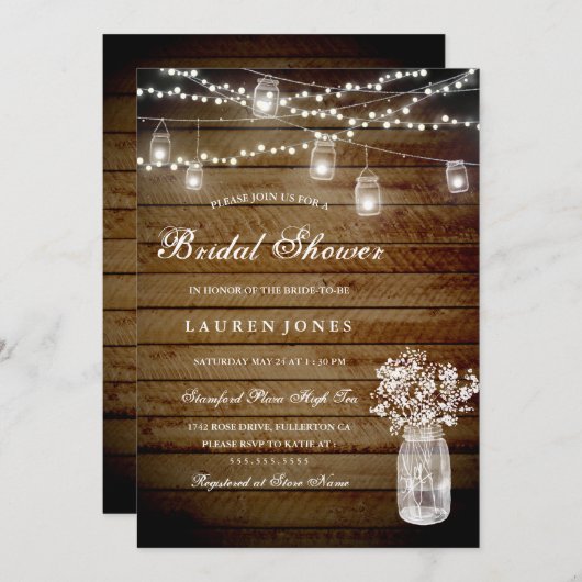 ウッド素朴メイソンジャールブライダルシャワー招待 招待状 (正面/裏面)