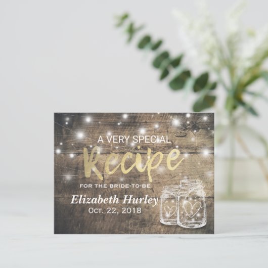 ウッド素朴メイソンジャールライトブライダルシャワーレシピ インビテーションポストカード (スタンド正面)