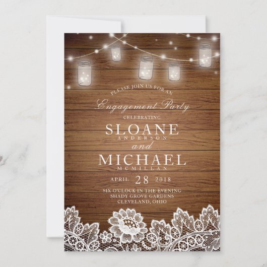 ウッド素朴メイソンジャールレース婚約パーティ 招待状 (正面)