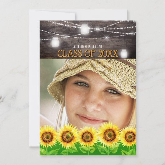 ウッド素朴メイソンJarsひまわり写真卒業 招待状 (正面)