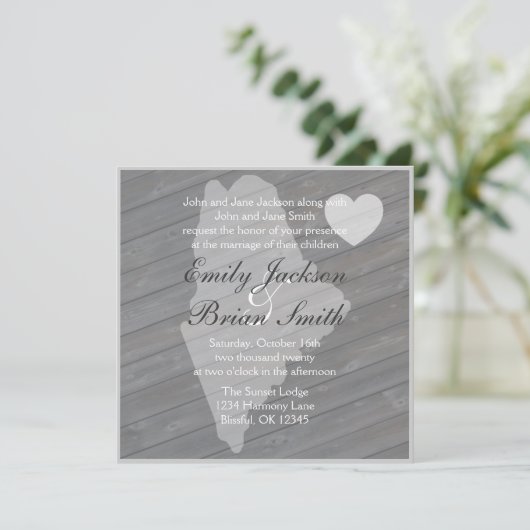 ウッド素朴メイン灰色結婚式招待状 招待状 (スタンド正面)