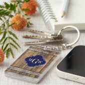 ウッド素朴メタルバンドネイビークローバー3モノグラム キーホルダー (正面右)