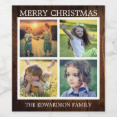 ウッド素朴メリークリスマス家族の写真コラージュ ワインラベル (シングルラベル)
