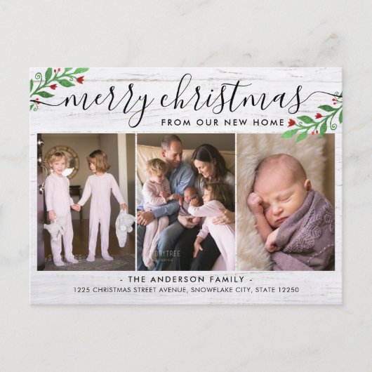ウッド素朴メリークリスマス3写真ホリデームービング 案内ポストカード (正面)