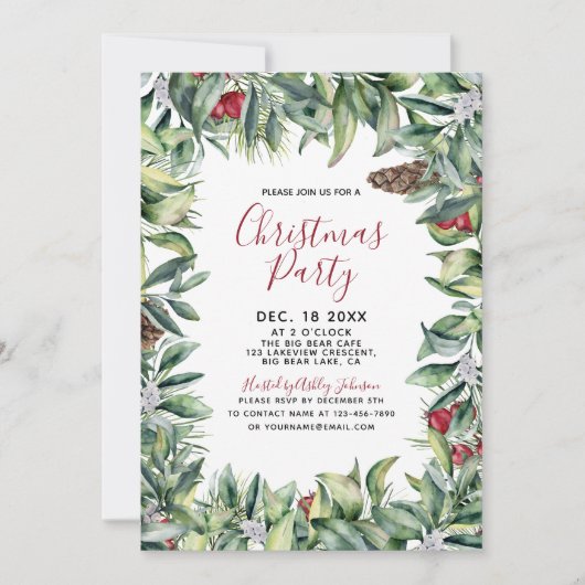 ウッド素朴モダンリーススクリプトのクリスマスパーティー 招待状 (正面)