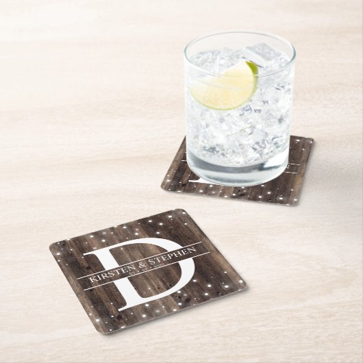 ウッド素朴モノグラムイニシャル結婚ズコースター スクエアペーパーコースター (インサイチュ)