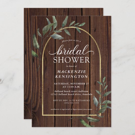 ウッド素朴ユーカリ金ゴールドアーチブライダルシャワー 招待状 (正面/裏面)