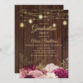 ウッド素朴ライトバーガンディーピンクフローラ卒業 招待状 (正面/裏面)