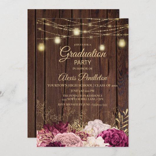 ウッド素朴ライトバーガンディーピンクフローラ卒業 招待状 (正面/裏面)