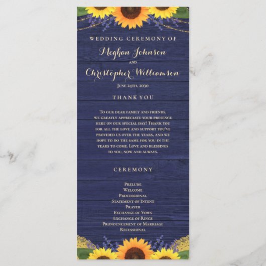 ウッド素朴ライトレースネイビーサンフラワー結婚ズ プログラム (正面)