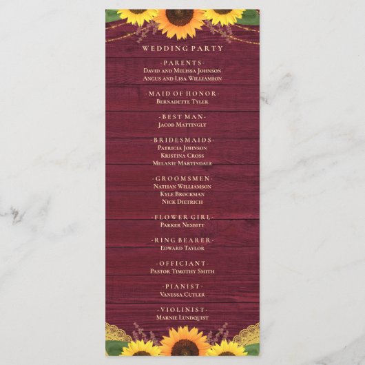 ウッド素朴ライトレースバーガンディひまわり結婚の プログラム (裏面)