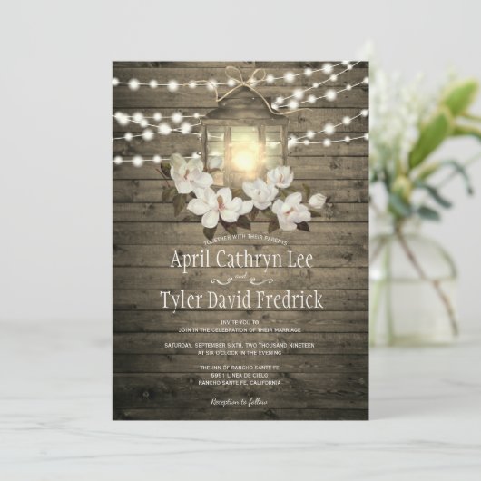 ウッド素朴ランタンライトマグノリア結婚ズ 招待状 (スタンド正面)