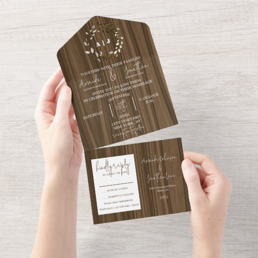 ウッド素朴リーフリースモノグラム結婚ズ オールインワン招待状 (貼ってはがせる)