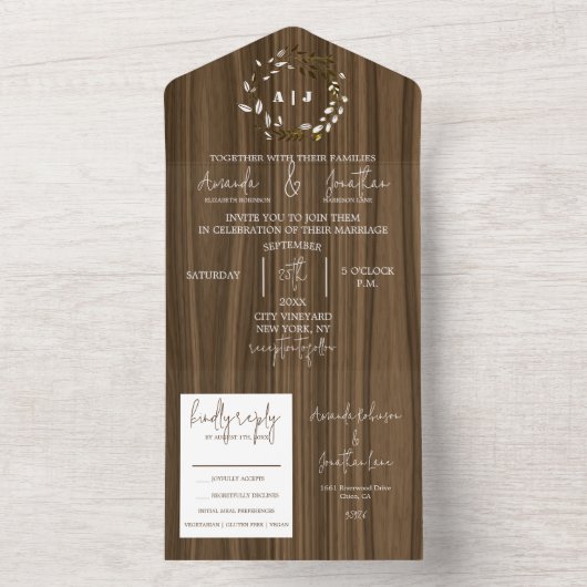 ウッド素朴リーフリースモノグラム結婚ズ オールインワン招待状 (内側)