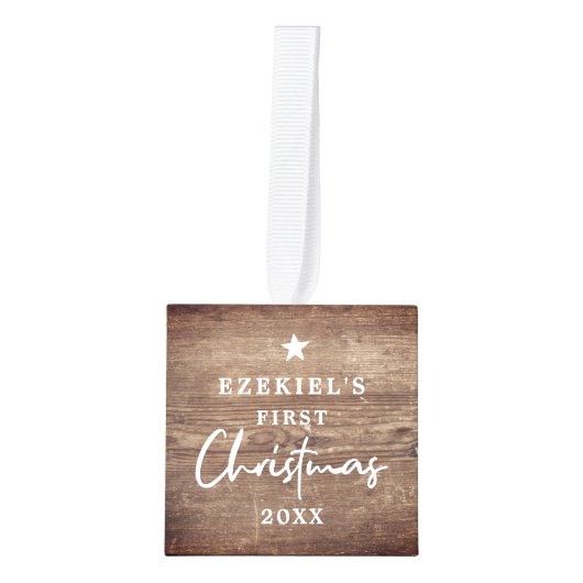 ウッド素朴ルックベビーの初めてのクリスマス写真 キューブオーナメント (正面)