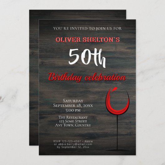 ウッド素朴レッドワイングラス50th誕生日パーティー 招待状 (正面/裏面)