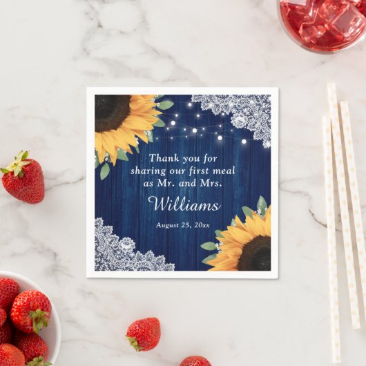 ウッド素朴レースひまわりネイビーブルー結婚ズ スタンダードカクテルナプキン (インサイチュ)